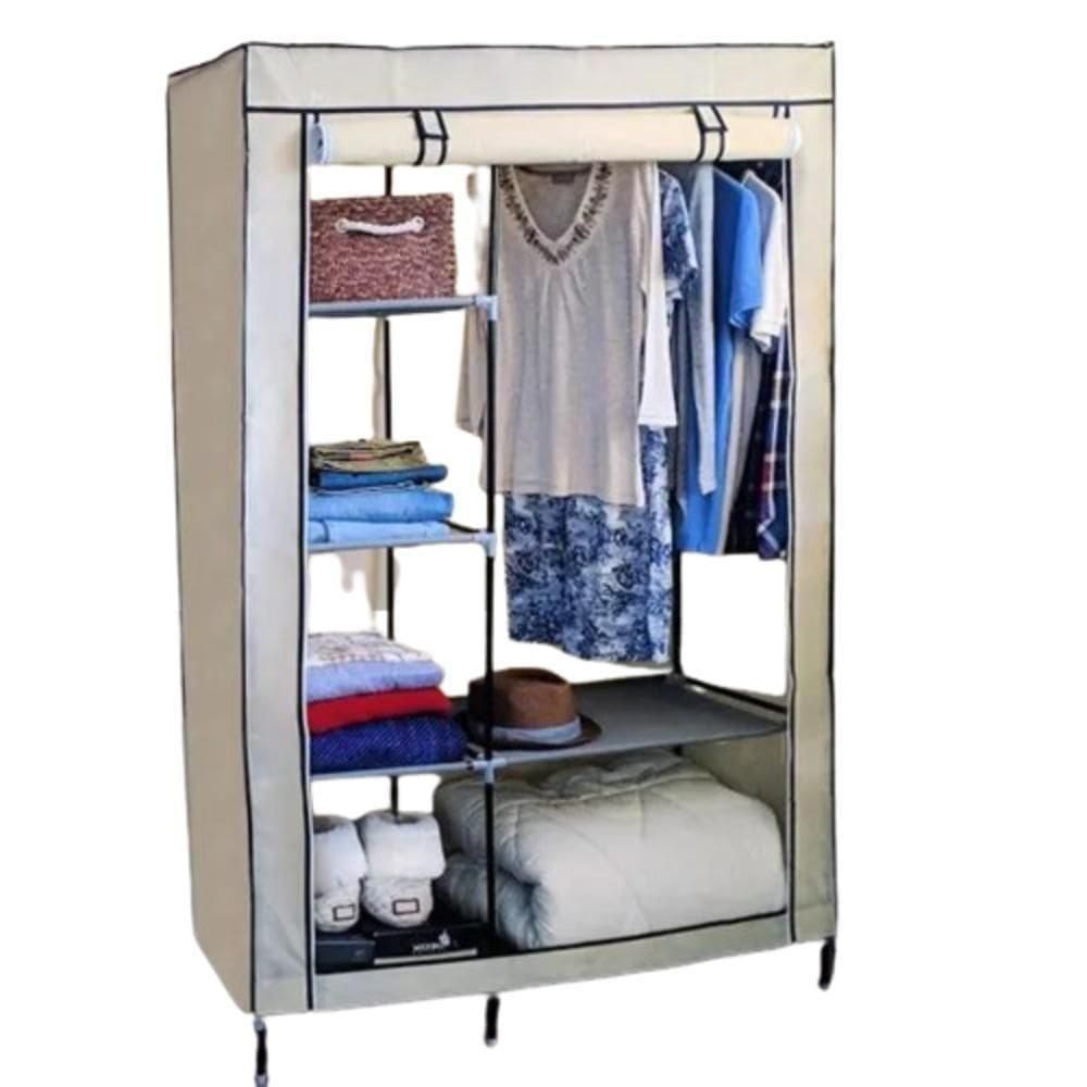 Guarda Roupa Cabideiro Arara Duplo Roupas Sapateira Prateleiras Armario Compacto Organizador Bege