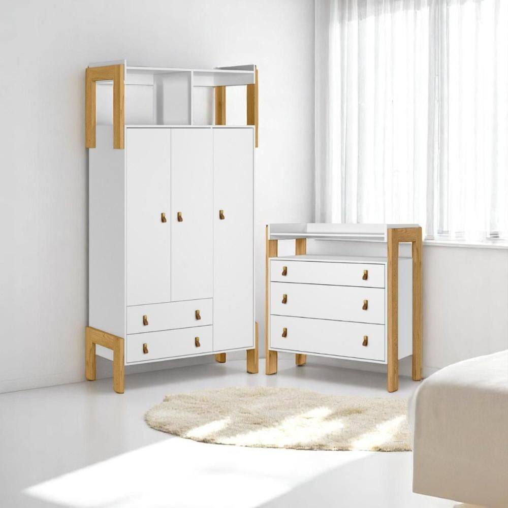 Conjunto Infantil Fantasia Branco Acetinado: Cômoda Fantasia + Guarda-Roupa Fantasia