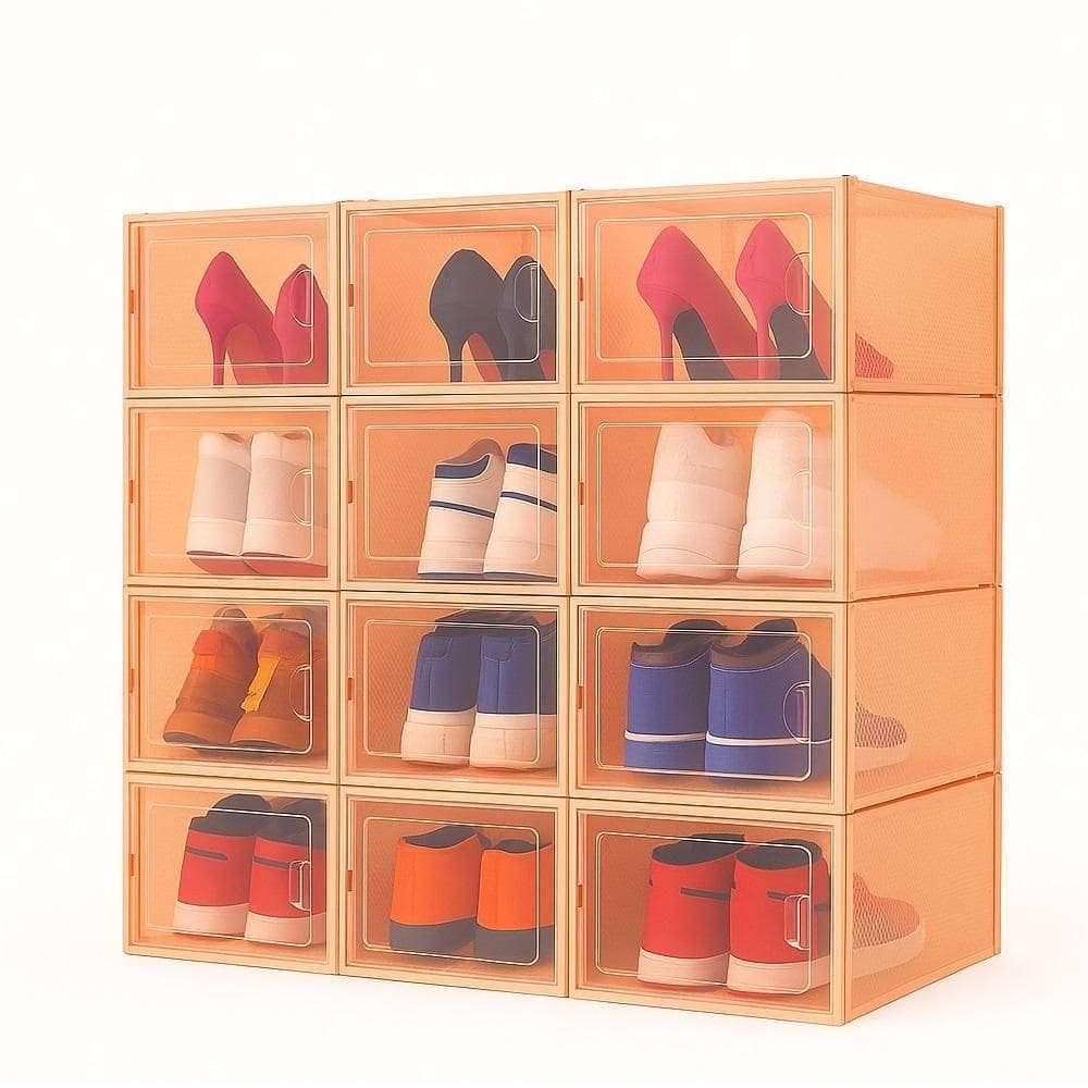 Organizador Tenis Sapatos Kit Salto 6 Caixas Empilhavel Abertura Frontal Closet Quarto Luxo Laranja