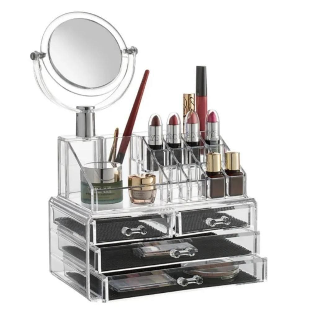 Organizador Cosmeticos 4 Gavetas Maquiagem E Espelho Acrilico Porta Batom Pincel Lapis Joia