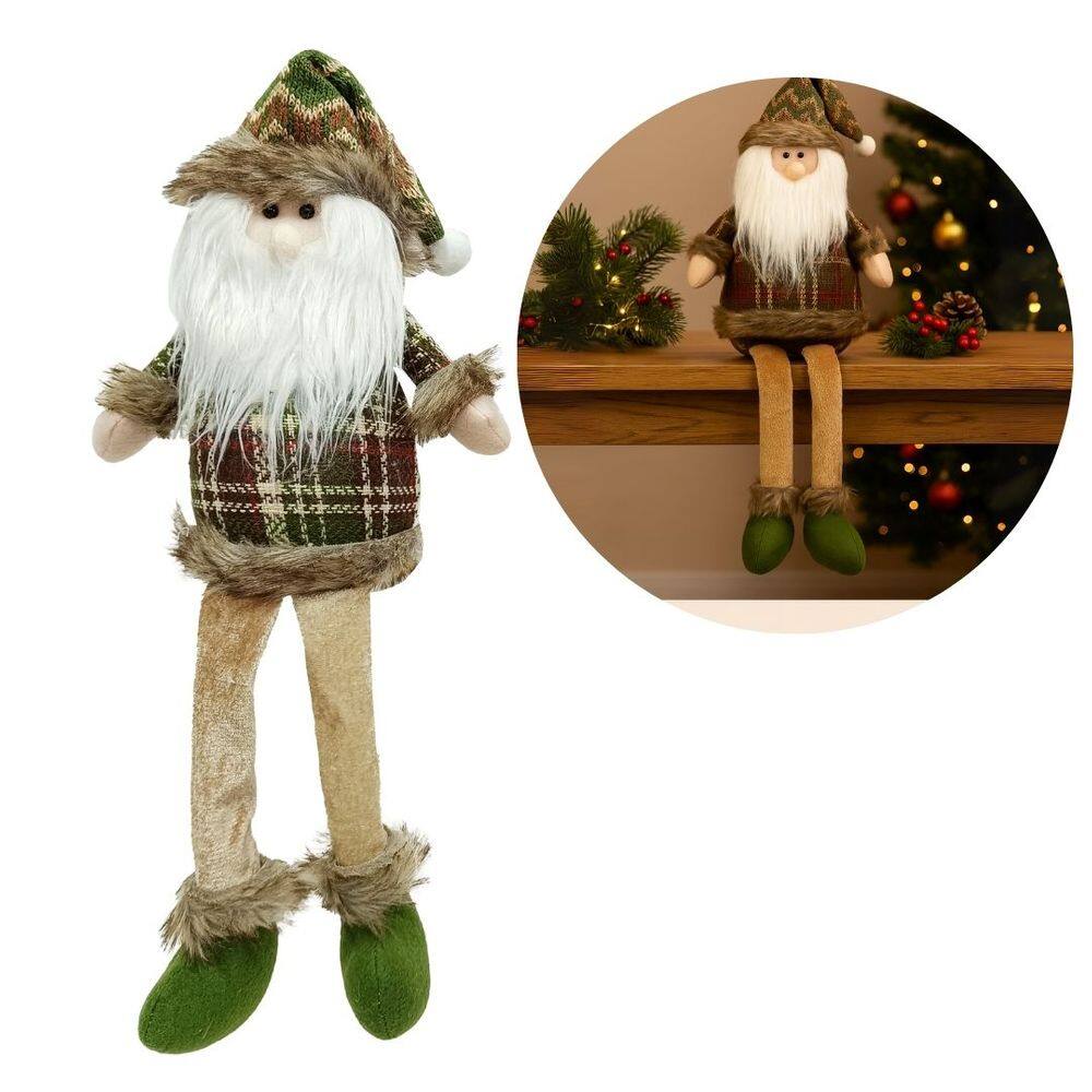 Papai Noel Decorativo Natal Pelúcia Sentado Perna Mole Xadrez Verde e Champanhe Crochê 40cm