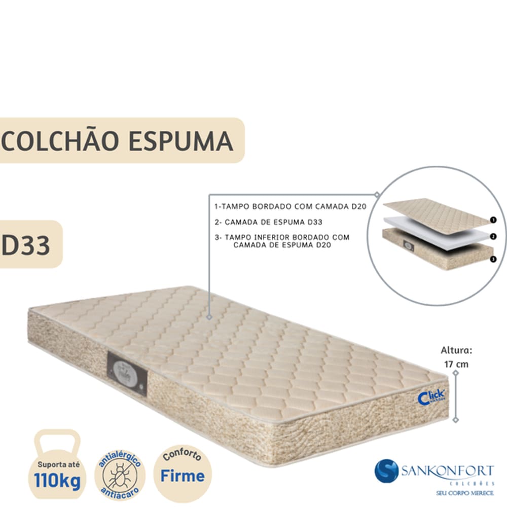 Colchão Solteiro Sankonfort Espuma Toulon D33 88x188x17 - Antialérgico - Resistente até 110kg