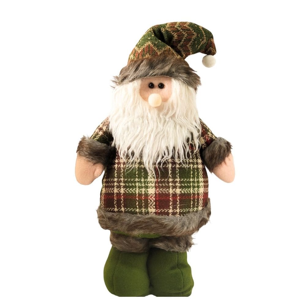 Papai Noel Decorativo Natal em Pé Pelúcia Xadrez Verde Premium Roupa e Gorro Crochê 40cm