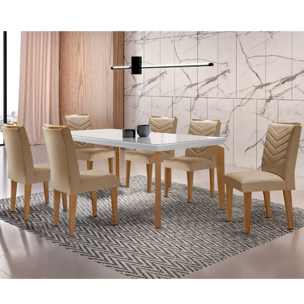 Conjunto Sala de Jantar Mesa Liz 180 cm com Vidro e 6 Cadeiras Liz