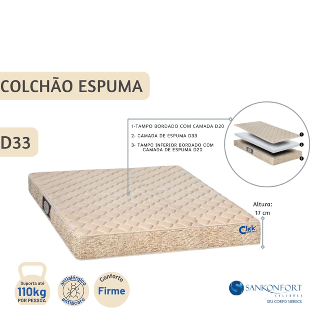 Colchão Espuma Casal Sankonfort Toulon D33 Casal 138x188x17 - Resistente - Antialérgico