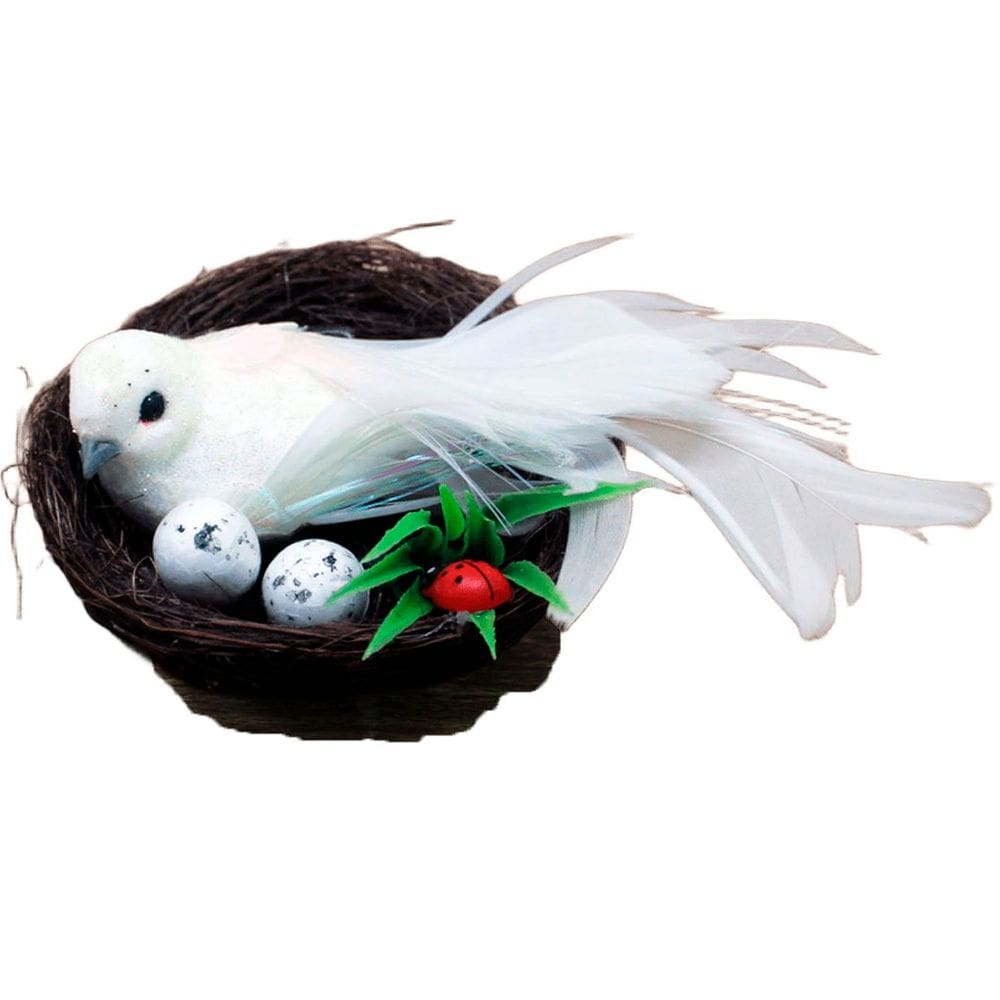 Enfeite Decorativo Pássaro Branco Ninho Ovos 5x15cm