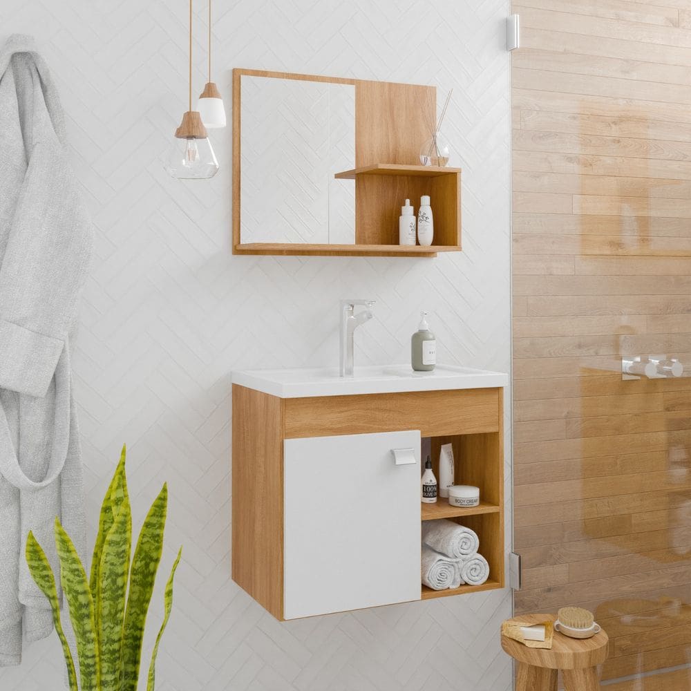 Conjunto Gabinete de Banheiro em MDF com Espelheira com Cuba Lótus Cinamomo com OffWhite - Rede Móveis