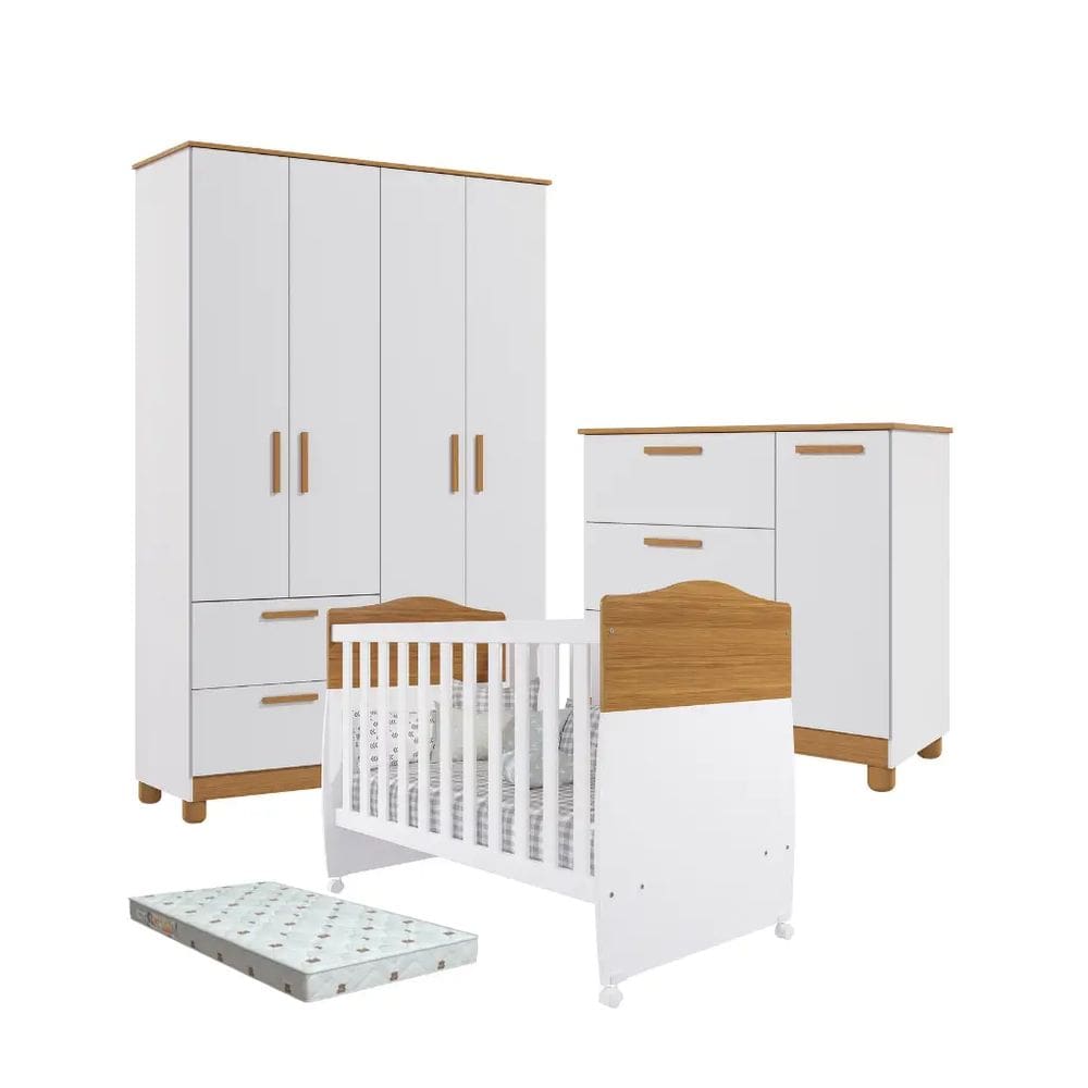 Quarto Bebe Completo Dorabelly Juju MDF + Colchão Americano