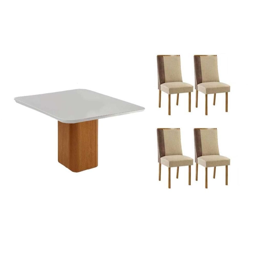 Sala de Jantar Completa Maldivas c/ Tampo Madeirado c/ Vidro Canto Curvo 90x90cm e 4 Cadeiras Tilia Naturale/Off White - Linho Bege - Rufato