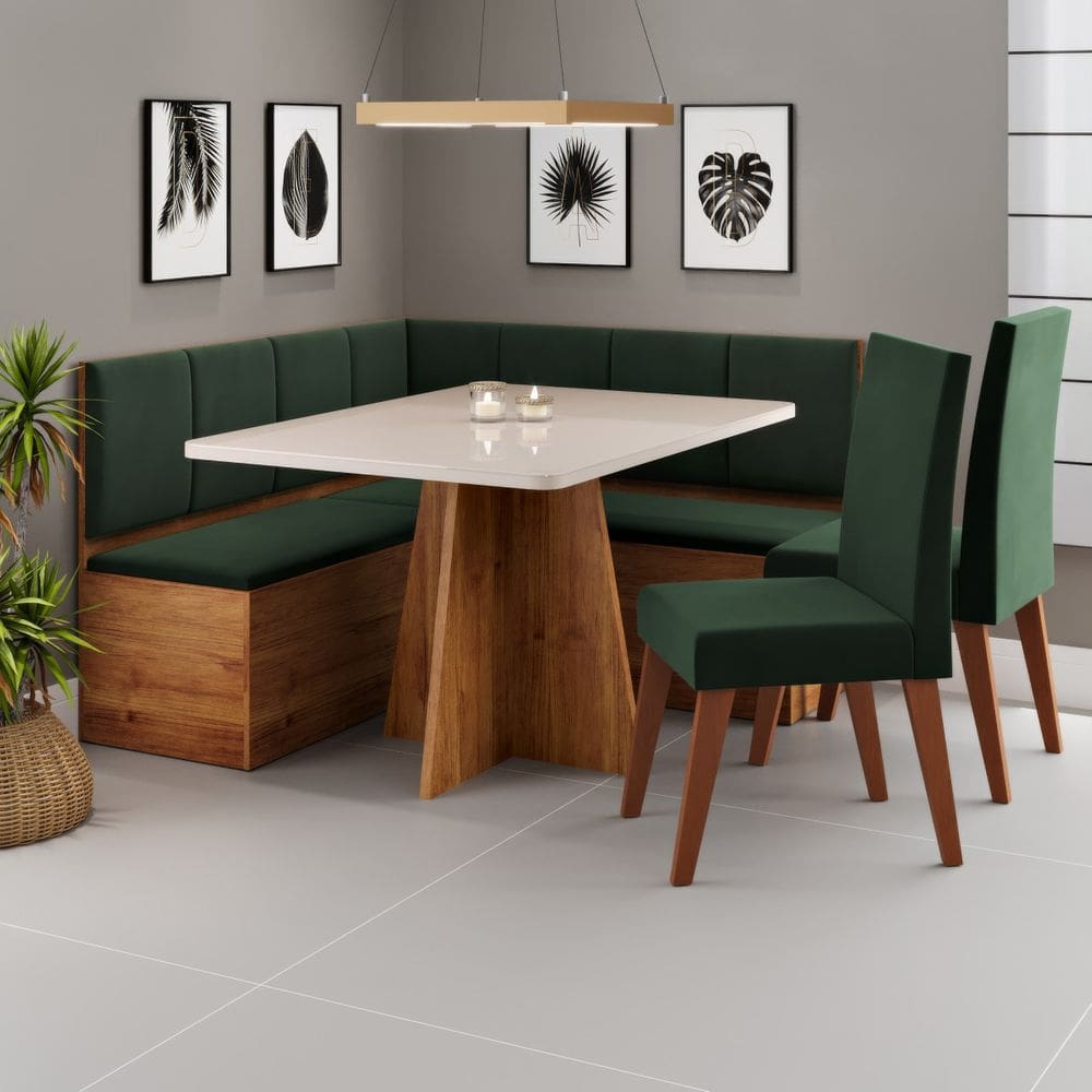 Conjunto Canto Alemão Baú Prestigio Mesa 120x80cm e 2 cadeiras Milão Cobre/Off White/Veludo Oliva- Casa Giulia