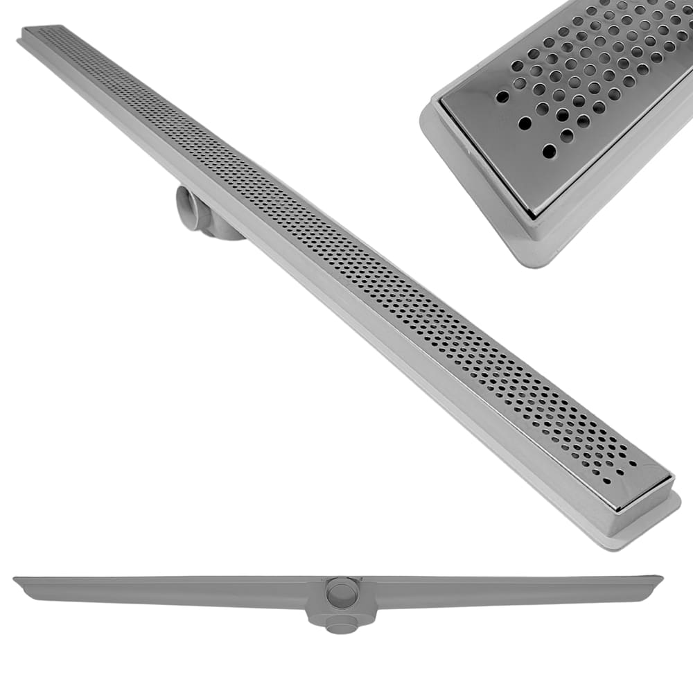 Ralo Linear Inox Polido 80cm x 5cm Perfurado Bolinha com Coletor Cinza Saídas 40mm com Tela (5cm x 81cm)