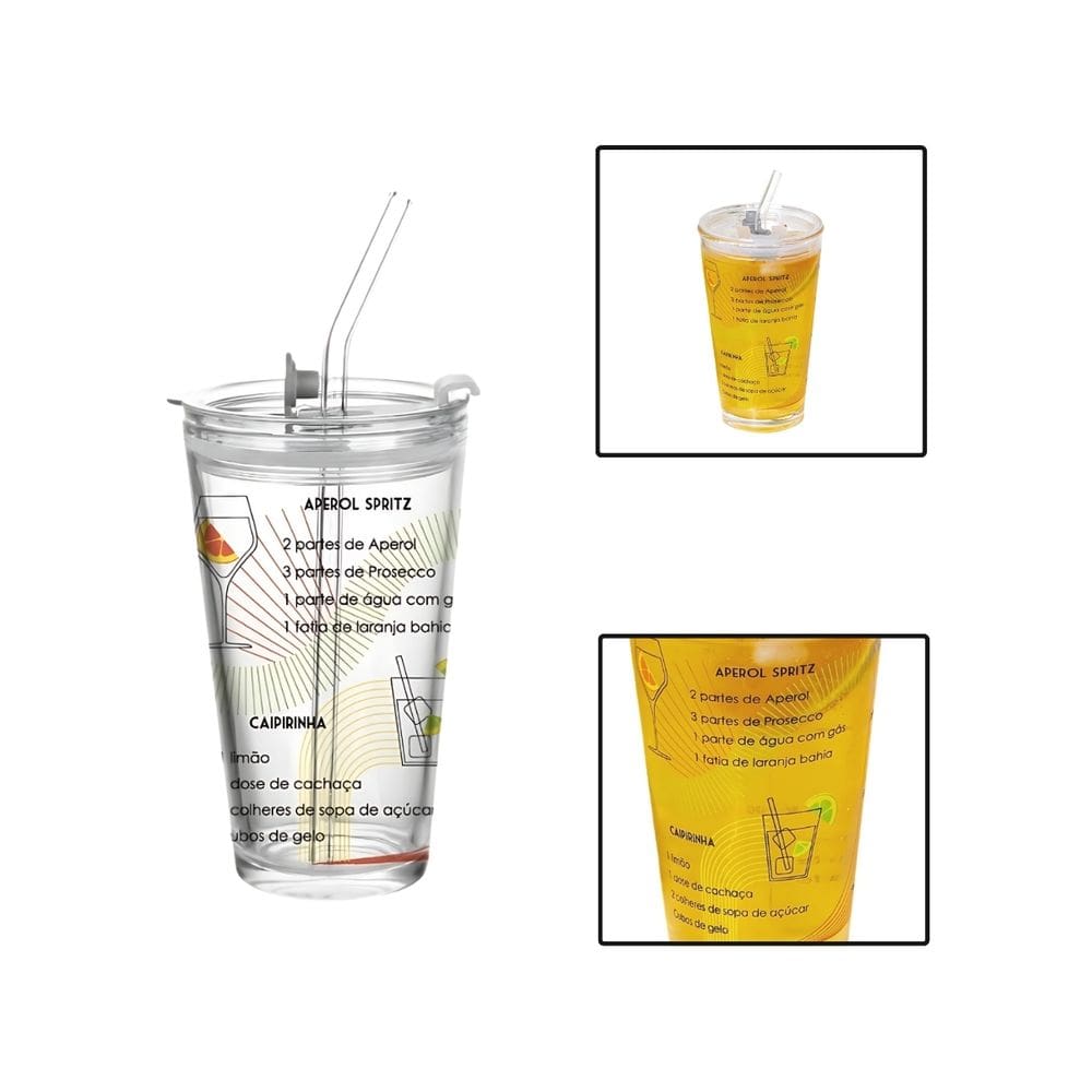 Copo Vidro 450ml C/ Tampa Canudo Receitas para Drinks