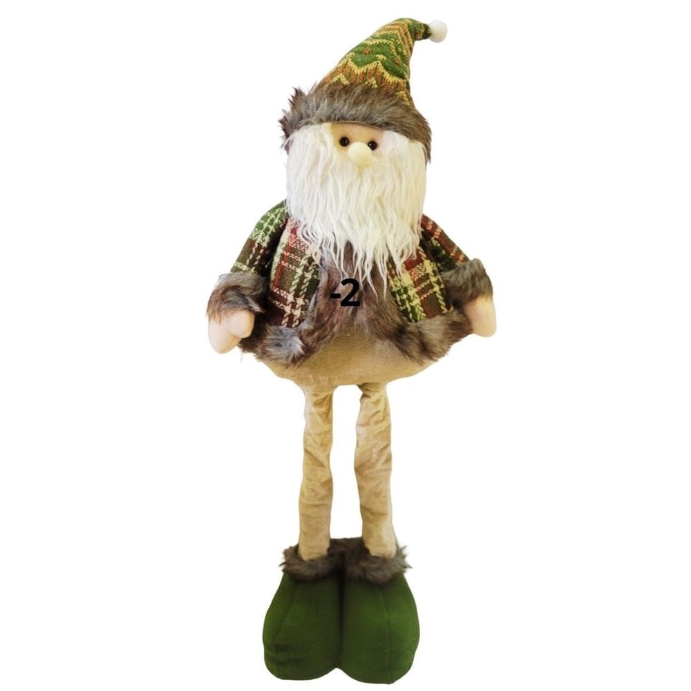 Papai Noel Decorativo Natal Pelúcia Champanhe e Verde Xadrez Pernas Retráteis Extensoras 55cm a 75cm e Gorro Crochê