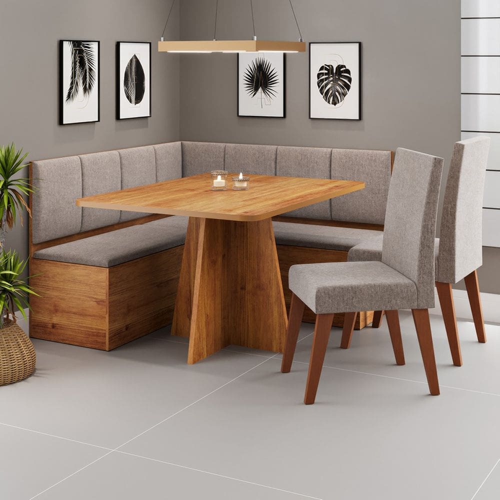 Conjunto Canto Alemão Baú Prestigio com Mesa 120x80cm e 2 cadeiras Milao Cobre/Linho Kaki- Casa Giulia