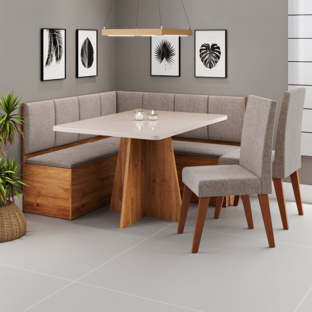 Conjunto Canto Alemao Baú Prestigio Mesa 120x80cm e 2 cadeiras Milao Cobre/Off White/Linho Kaki - Casa Giulia