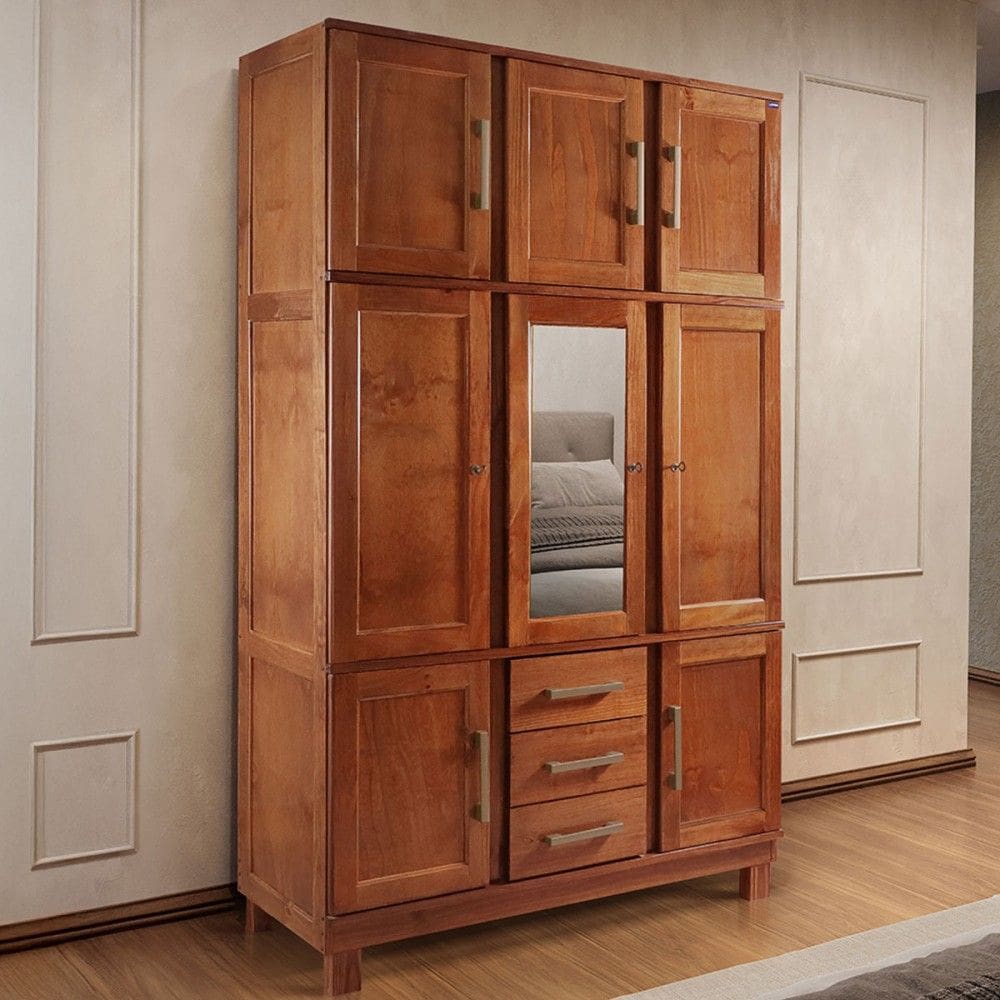 Guarda-Roupa Solteiro Tunnels 8 Portas 3 Gavetas com Espelho Madeira Maciça Mogano - Pnr Móveis