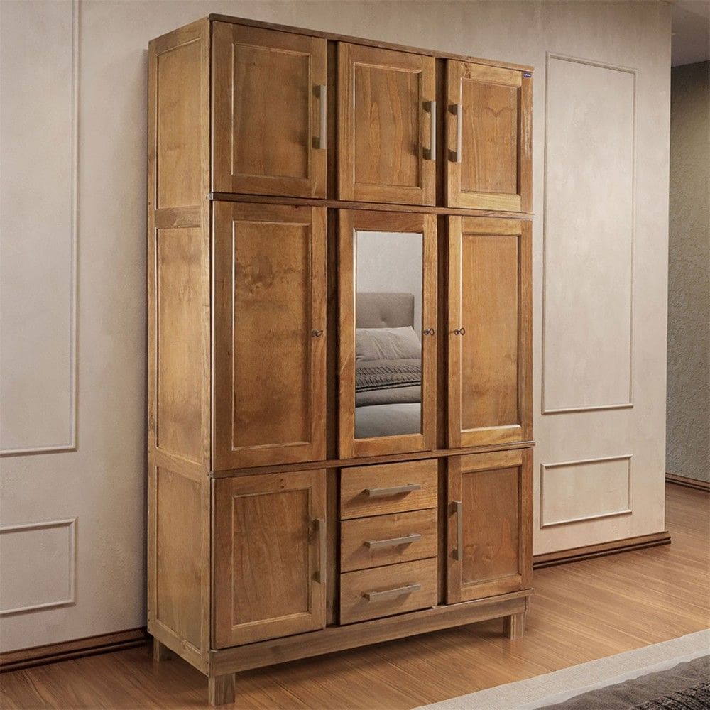 Guarda-Roupa Solteiro Tunnels 8 Portas 3 Gavetas  com Espelho Madeira Maciça Castanho - Pnr Móveis