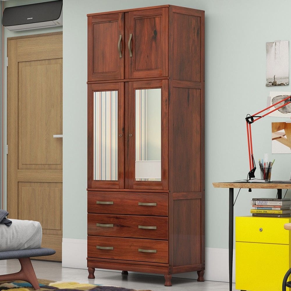 Guarda-Roupa Solteiro Barnabé 4 Portas 3 Gavetas com Espelho Madeira Maciça Mogano - Pnr Móveis