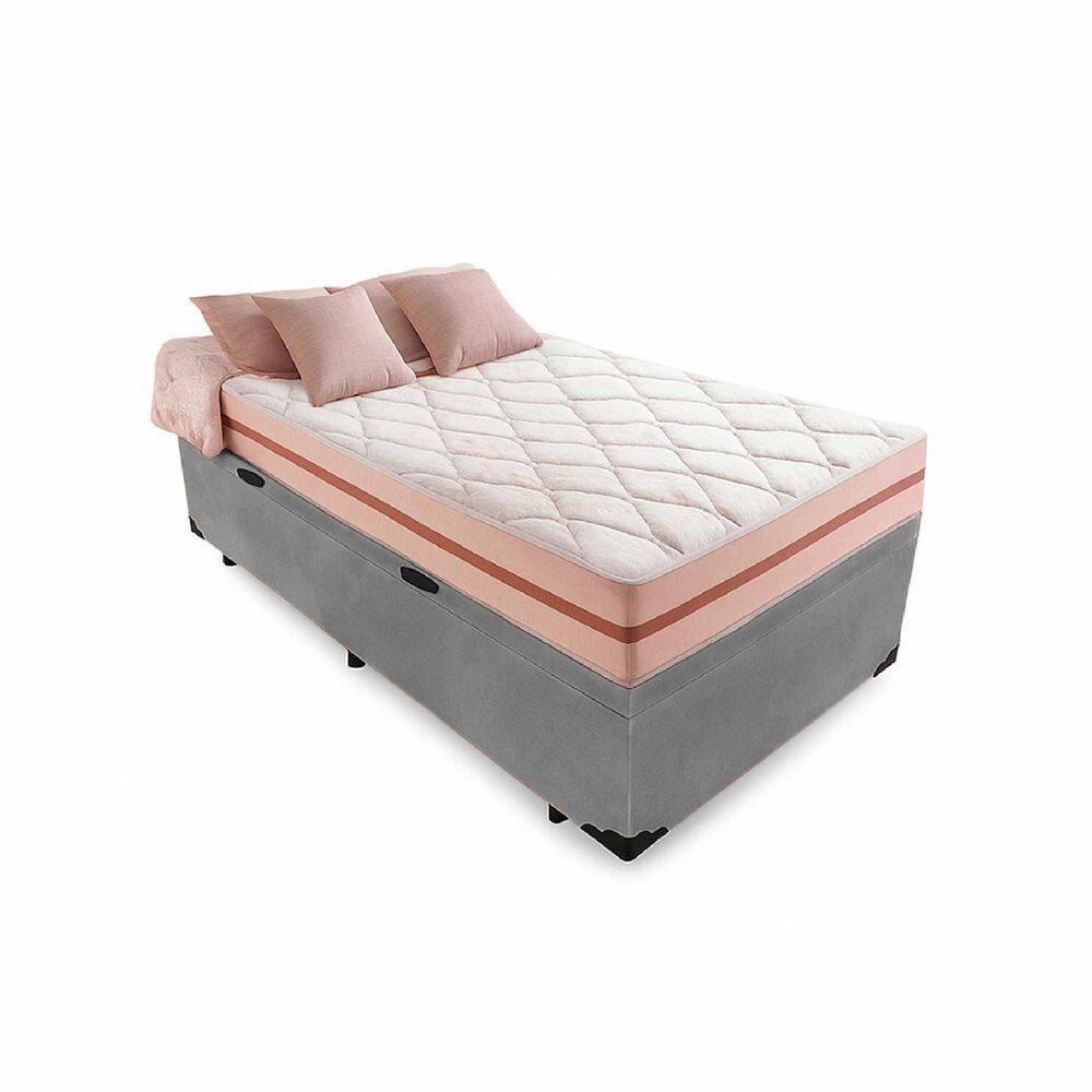 Cama Box Baú Solteiro 88 Suede Cinza com Colchão Pillow Angel Molas Ensacadas 63x88x188