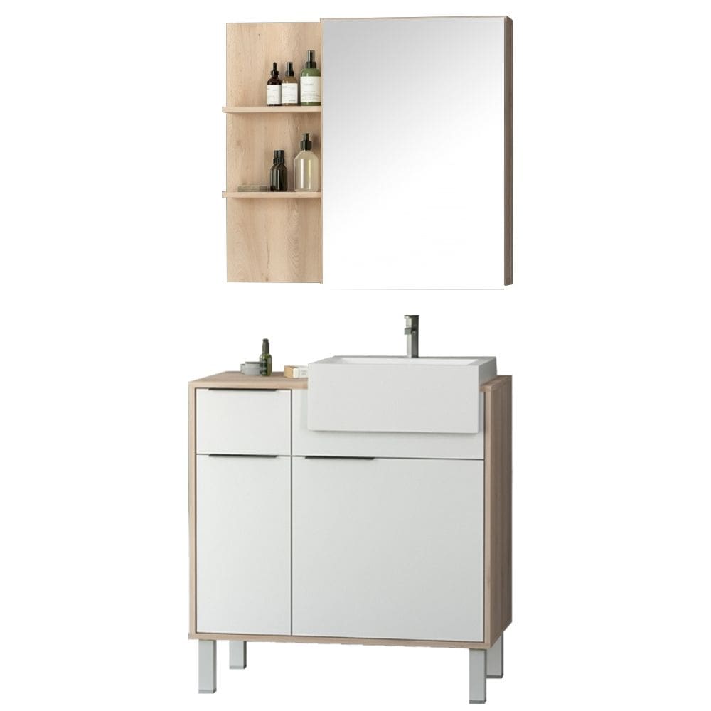 Conjunto Para Banheiro Balcão e Armário Com Pés 80cm West B06 Branco Faia - Lyam Decor
