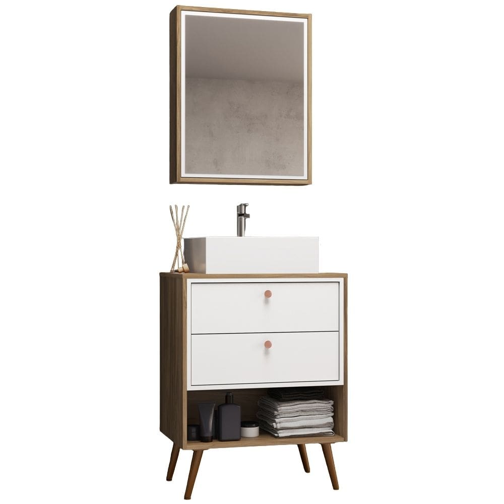 Conjunto Para Banheiro Gabinete Com Pés Cuba e Armário Lionel B06 Branco Nogal - Lyam Decor