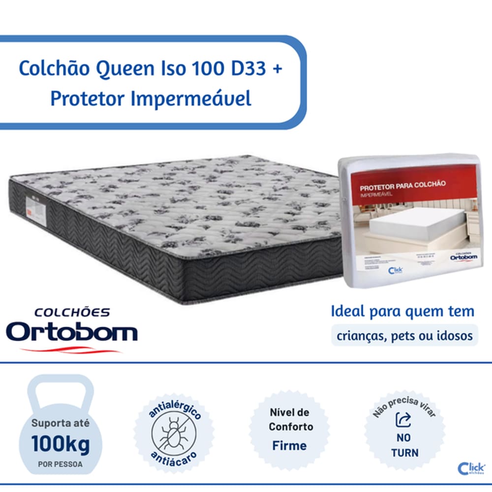 Colchão Ortobom Queen Iso 100 D33 158x198x18 + Protetor Impermeável - Com tratamento Antialérgico e Antiácaro
