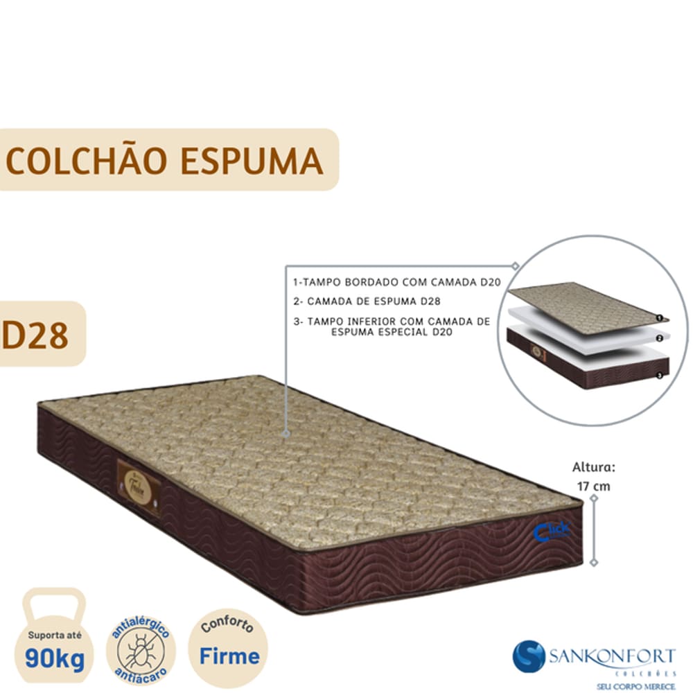 Colchão Espuma D28 Sankonfort Toulon Solteiro  Largura Menor 78x188x17 - Medida Especial - Até 90kg