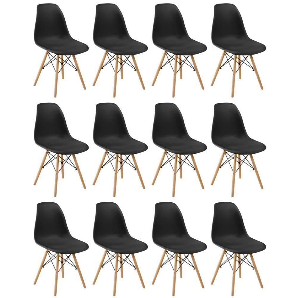 Conjunto 12 Cadeiras Charles Eames Eiffel Wood Base Madeira - Preta