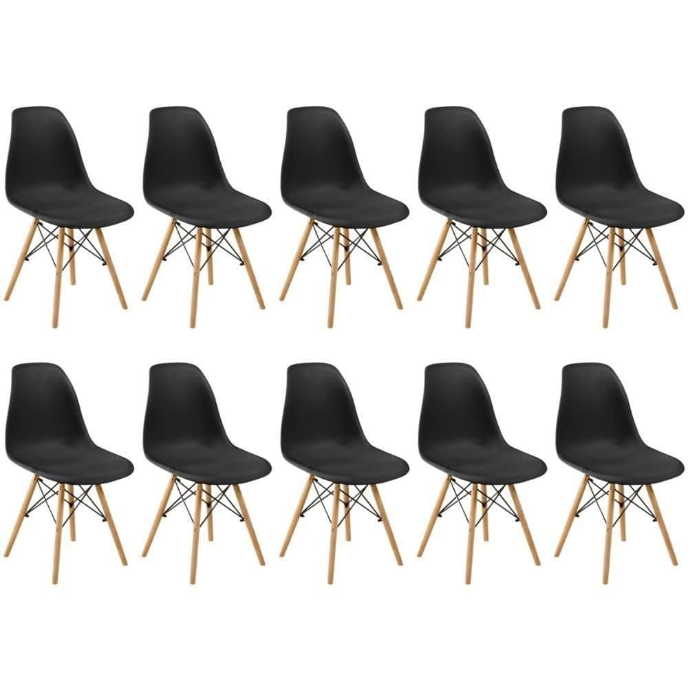 Conjunto 10 Cadeiras Charles Eames Eiffel Wood Base Madeira - Preta