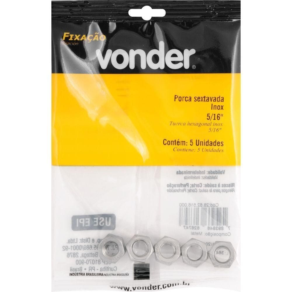 Porca Sextavada Inox 5-16`` Com 5 Peças Vonder