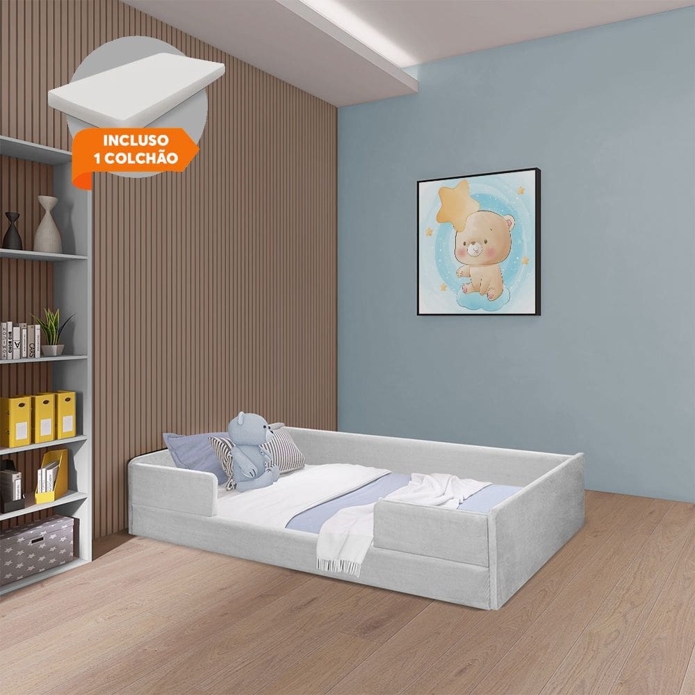 Cama Montessoriana Solteiro com Colchão em Madeira Maciça com Revestimento em Tecido Luana Cinza