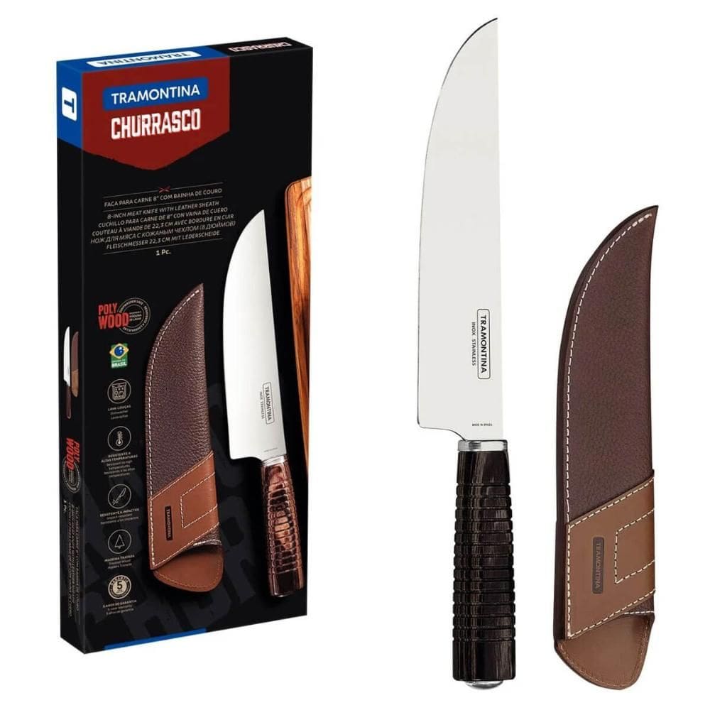Faca para Carne Tramontina 8` Aço Inox e Cabo de Madeira Polywood com Bainha de Couro