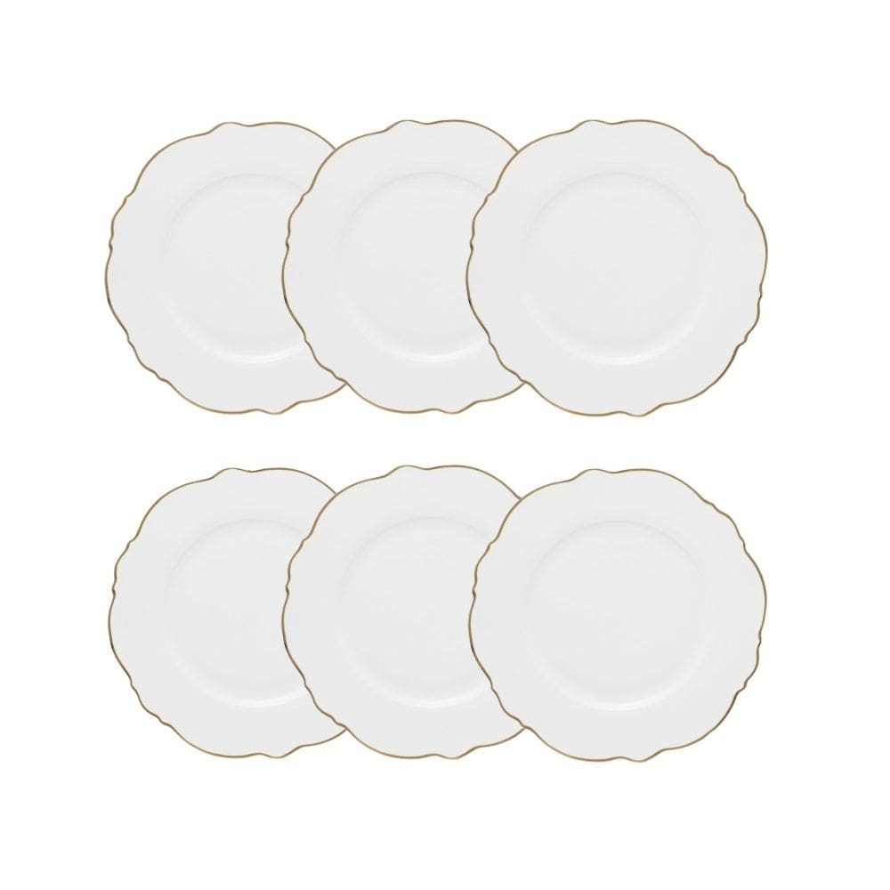 Cj 6 Pratos Rasos P/Sobremesa de Porcelana Branca Maldivas C/Filete Dourado 21cm Wolff
