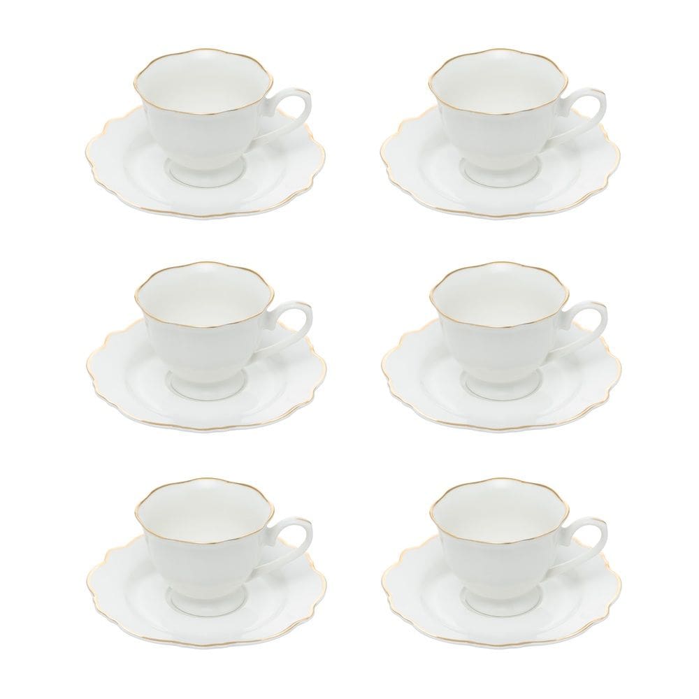 Cj 6 Xícaras P/Chá C/Pires de Porcelana Branca Maldivas C/Filete Dourado 180ml Wolff