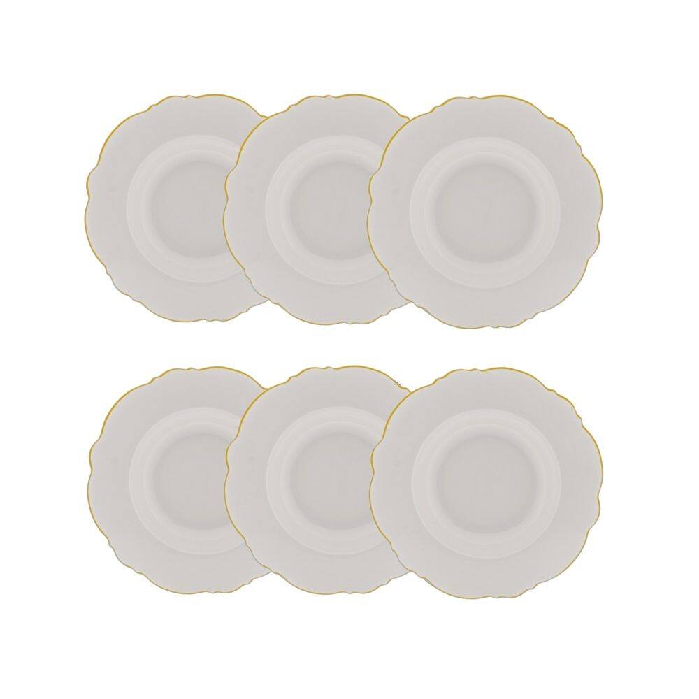 Cj 6 Pratos Fundos de Porcelana Branca Maldivas C/Filete Dourado 23cm Wolff