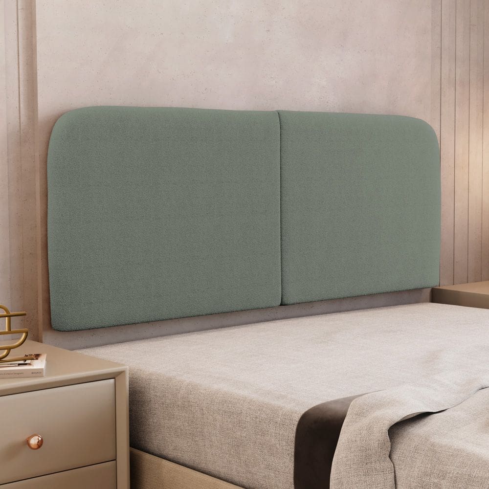 Cabeceira Painel Orgânico Cama Box Queen Size Aira 160cm Dobrável Bouclé Verde Menta - Desk Design