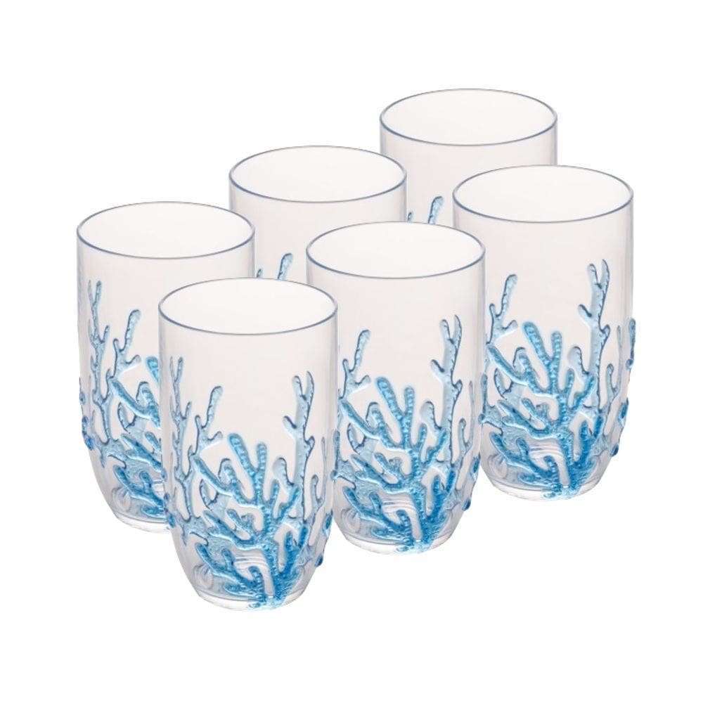 Conjunto 6 Copos Altos de Acrílico Coral Azul 650ml Wolff
