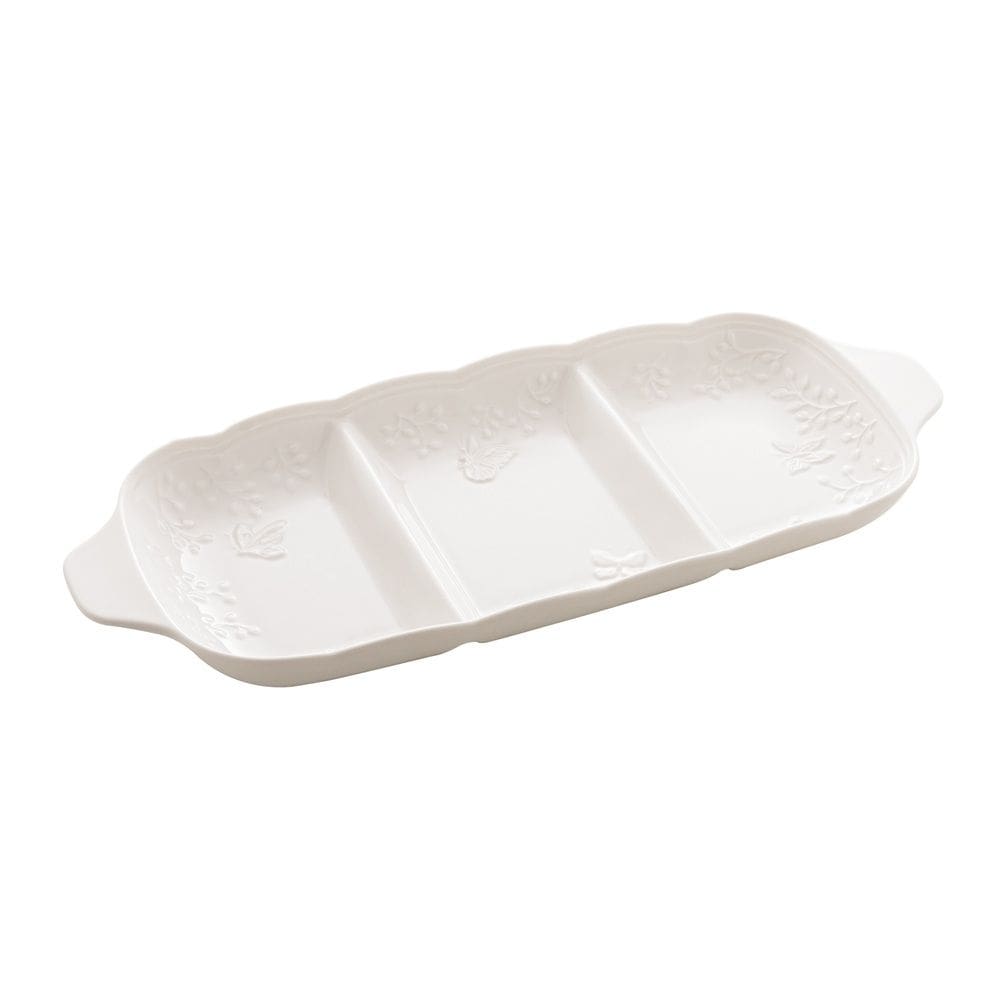 Petisqueira de Porcelana C/3 Divisórias New Bone Butterfly Flower Branco 34x14,5cm Lyor