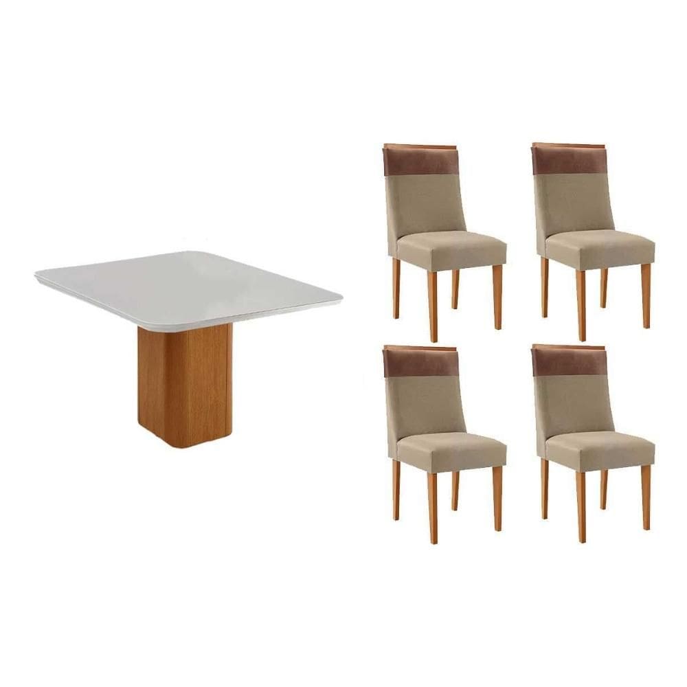 Sala de Jantar Completa Maldivas c/ Tampo Madeirado c/ Vidro Canto Curvo 90x90cm e 4 Cadeiras Jaspe Naturale/Off White - Linho Bege - Rufato