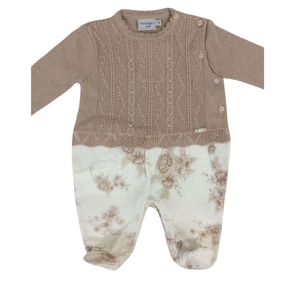 Macacão longo fem linha com perolas Noruega bege floral