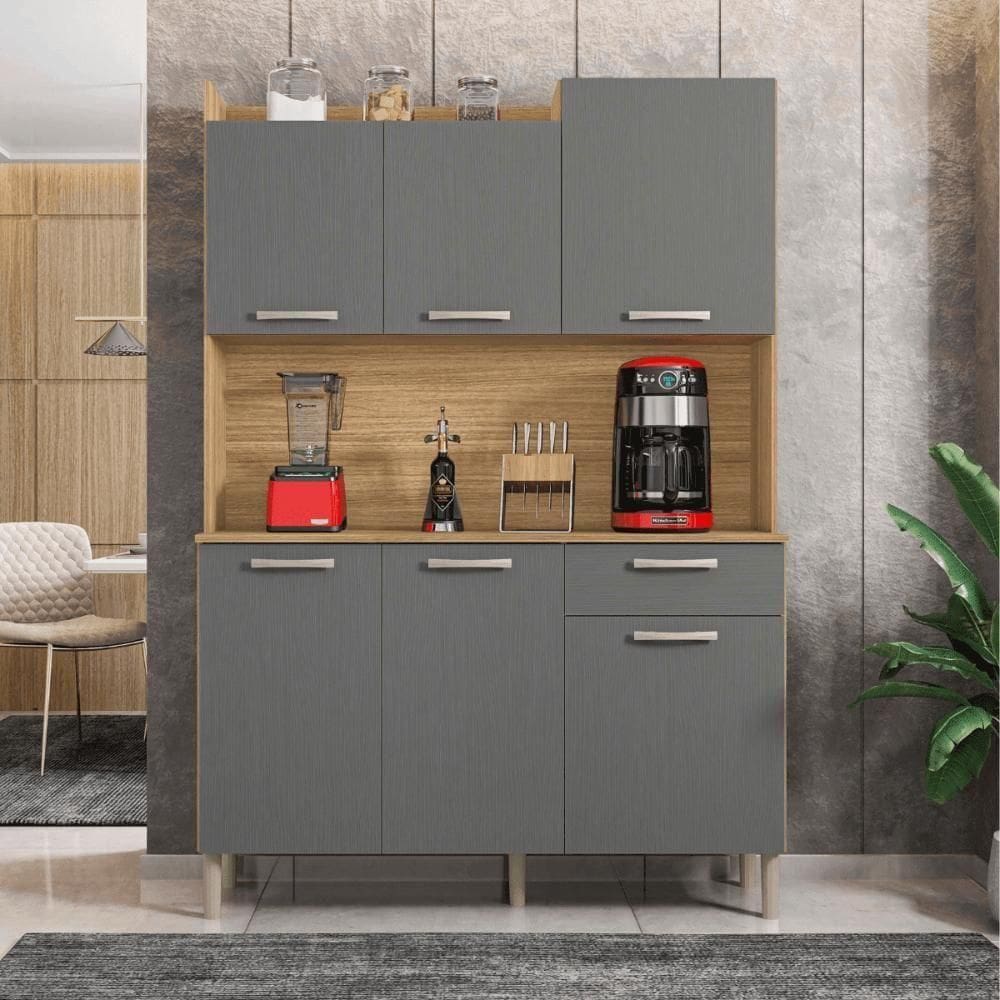 Conjunto Cozinha C/ Portas E Gavetas Genova Freijó / Gris