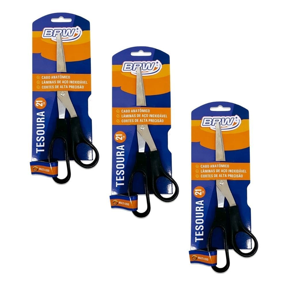 Kit 03 Tesouras Multiuso 21cm de Aço Inox Preta - BRW | Papelaria | Material Escolar | Doméstico | Corte | Lâmina |