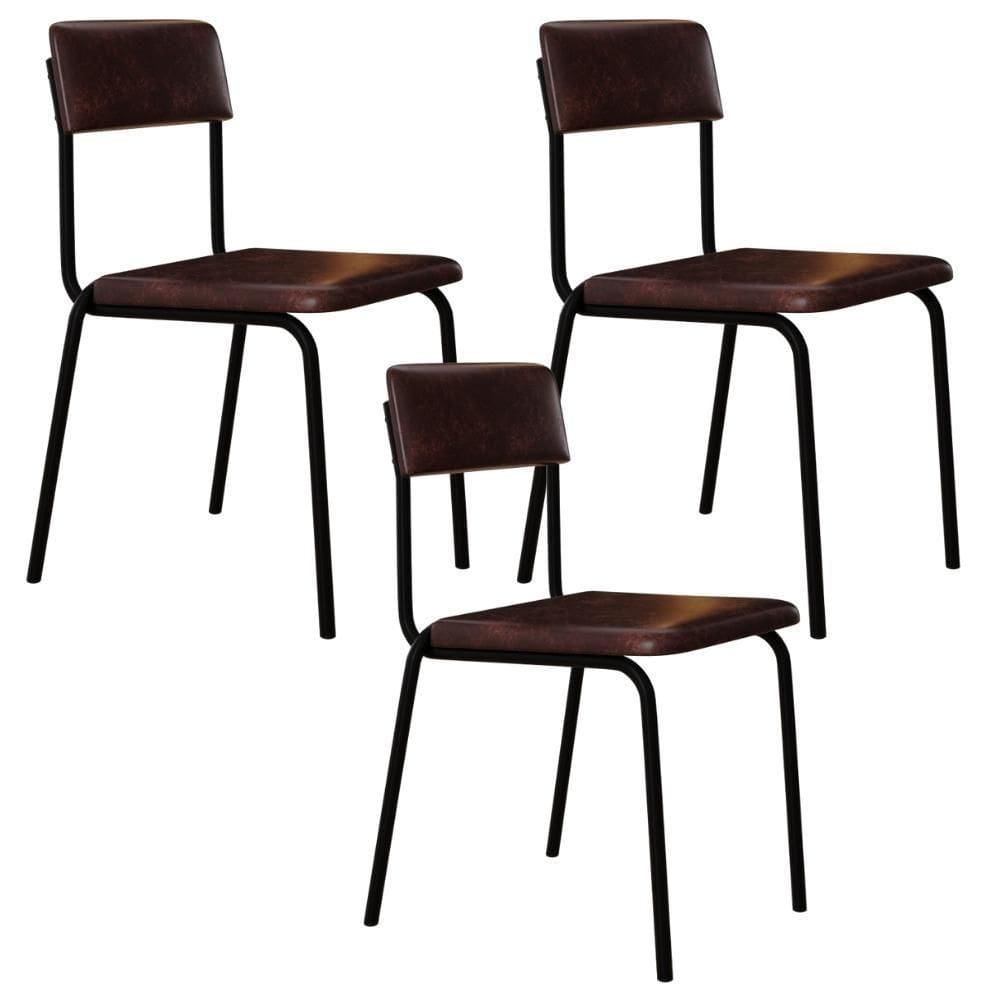 Kit 03 Cadeiras Estofada Para Sala De Jantar Sense Preto C01 Courino Café - Lyam Decor