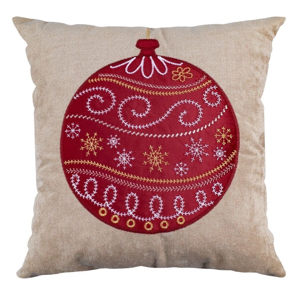 Capa Almofada Natalina Aveludada Bordada Enfeite Bola de Natal 4x43cm Bege/Vermelho
