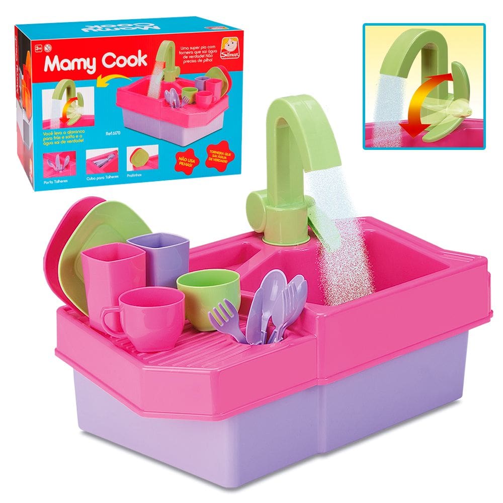 Pia Brinquedo Cozinha Saí Água Pela Torneia Acessórios Rosa