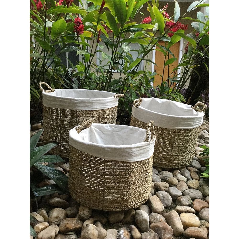 Conjunto com 3 peças de Cestos de Palha e Tecido