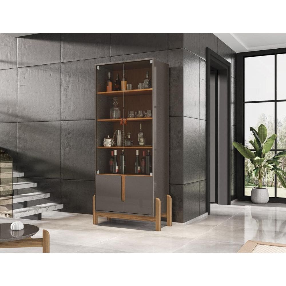 Cristaleira 2 Portas c/ Prateleiras para Vinhos e Taças Lizz Cinza Perola/Cedro