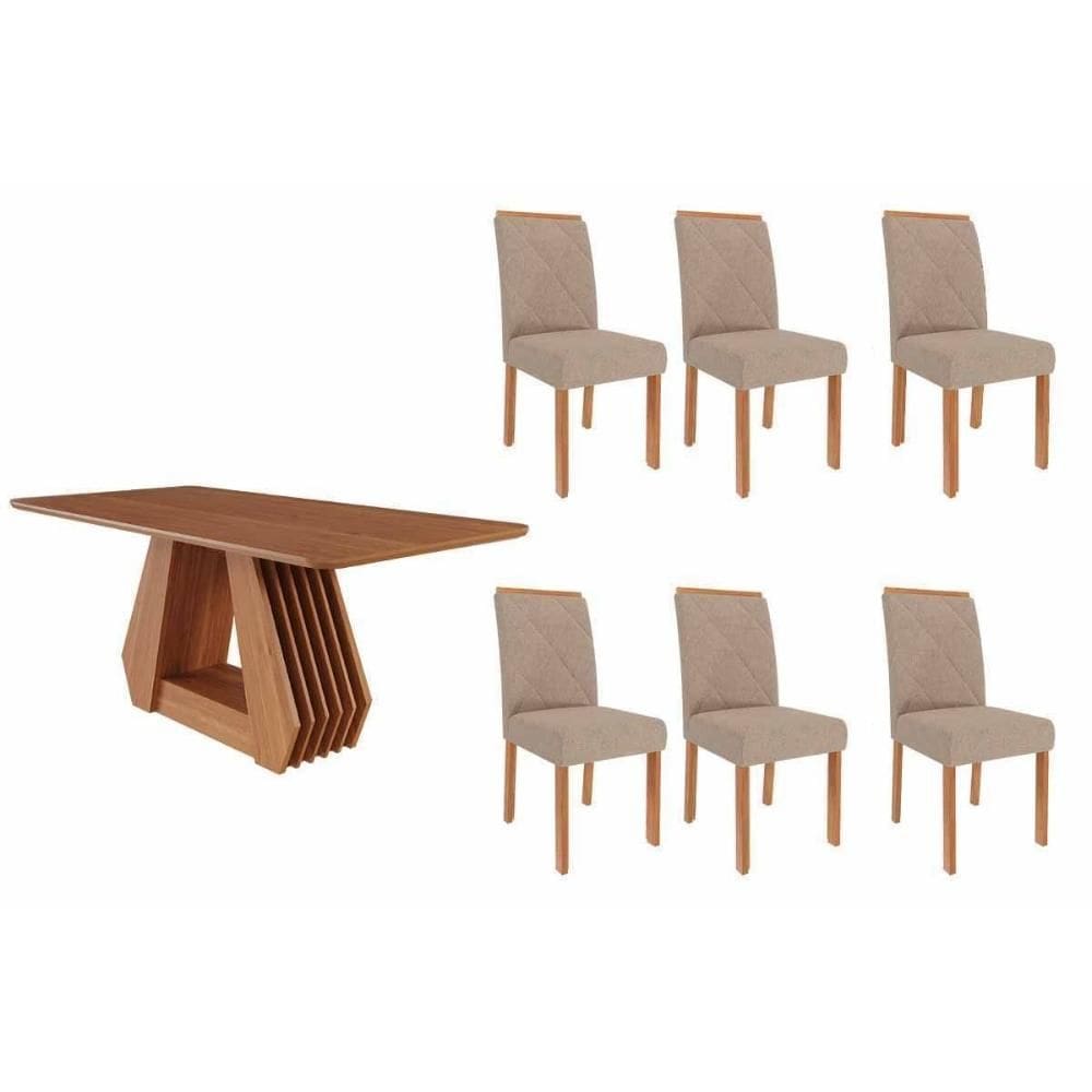 Conjunto: Mesa de Cozinha Ágata Tampo Madeirado 180x90cm e 6 Cadeiras Fernanda Cinamomo - Carvalho/Linho Bege - Cimol