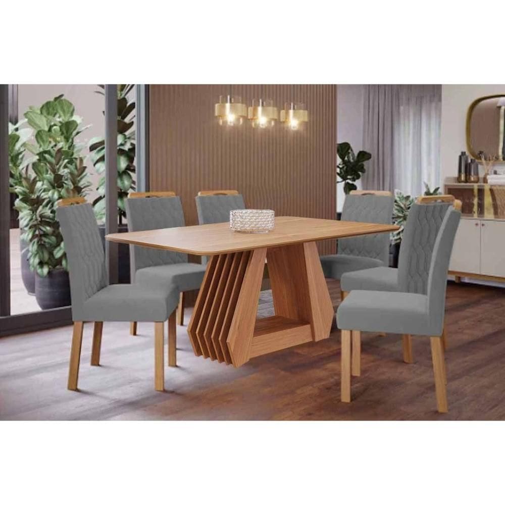 Conjunto: Mesa de Cozinha Ágata Tampo Madeirado 180x90cm e 6 Cadeiras Paola Cinamomo - Carvalho/Linho Grafite - Cimol