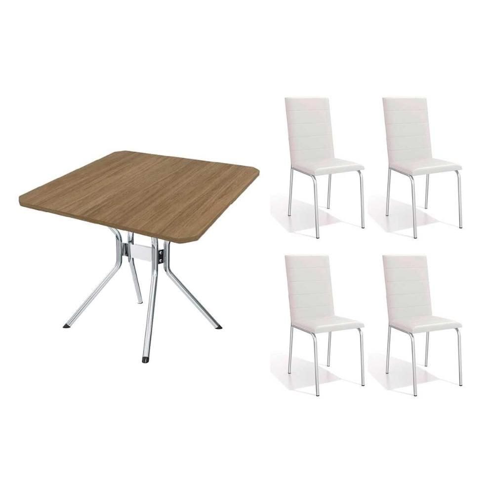 Conjunto: Mesa de Cozinha Loire c/ Tampo de Madeira 90cm + 4 Cadeiras Amsterdã Cromada/Branco 106 - Kappesberg